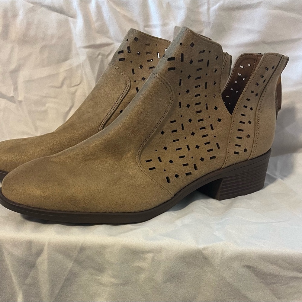 Women’s Perforated Suede Tan Ankle Booties